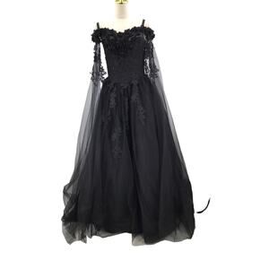 BALL GOWN 4 S Black 3d Floral Tulle Applique Train Beaded Maxi Dress NEW B28